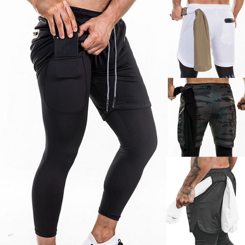 Men Joggers 2 in 1 Leggings Compression Pants Security Pockets Gym Pants Sports Built-in Pockets Hips Zipper Fitness Pants