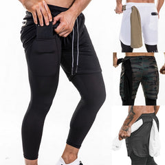 Men Joggers 2 in 1 Leggings Compression Pants Security Pockets Gym Pants Sports Built-in Pockets Hips Zipper Fitness Pants