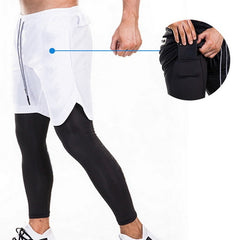Men Joggers 2 in 1 Leggings Compression Pants Security Pockets Gym Pants Sports Built-in Pockets Hips Zipper Fitness Pants