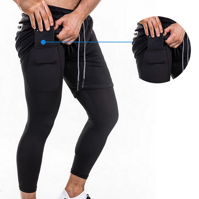 Men Joggers 2 in 1 Leggings Compression Pants Security Pockets Gym Pants Sports Built-in Pockets Hips Zipper Fitness Pants