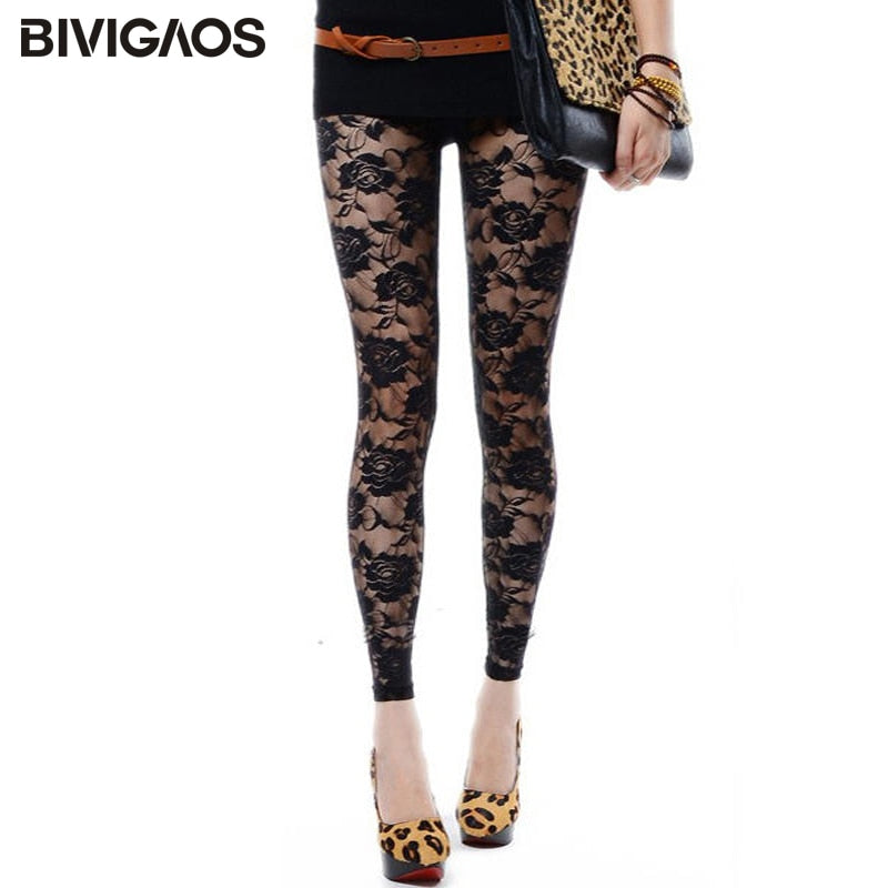 BIVIGAOS New Summer Women Lace Roses Sexy Leggings Thin Elastic Rose Hollow Push Up Leggings Women's Transparent Black Leggings