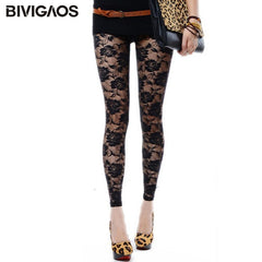 BIVIGAOS New Summer Women Lace Roses Sexy Leggings Thin Elastic Rose Hollow Push Up Leggings Women's Transparent Black Leggings