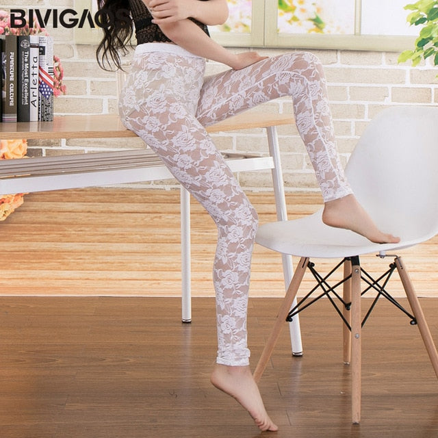 BIVIGAOS New Summer Women Lace Roses Sexy Leggings Thin Elastic Rose Hollow Push Up Leggings Women's Transparent Black Leggings