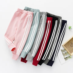 Fashion Sports Girls Boys Pants White Striped Candy Color School Cotton Spring Autumn Pant Leggings Trouser Children Kid Leggins