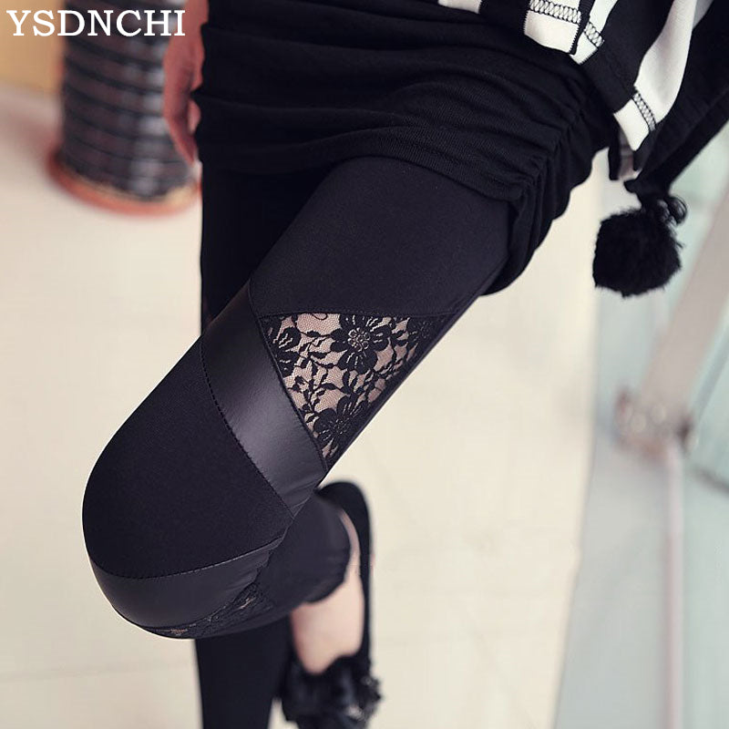 2019 Spring Autumn Leather workout Leggings Hot Charming Warm Cheap Lace legins Sexy PU Leggins Skinny Stretch Splicing Pants