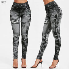 Women 2019 Imitation Distressed Denim Jeans Leggings Casual High Waist Slim Elastic Pencil Pants