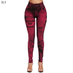 Women 2019 Imitation Distressed Denim Jeans Leggings Casual High Waist Slim Elastic Pencil Pants