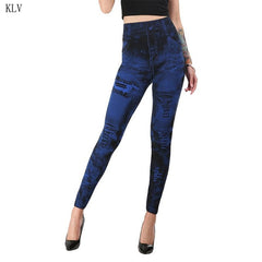 Women 2019 Imitation Distressed Denim Jeans Leggings Casual High Waist Slim Elastic Pencil Pants