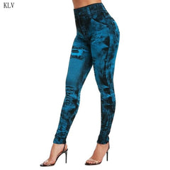 Women 2019 Imitation Distressed Denim Jeans Leggings Casual High Waist Slim Elastic Pencil Pants