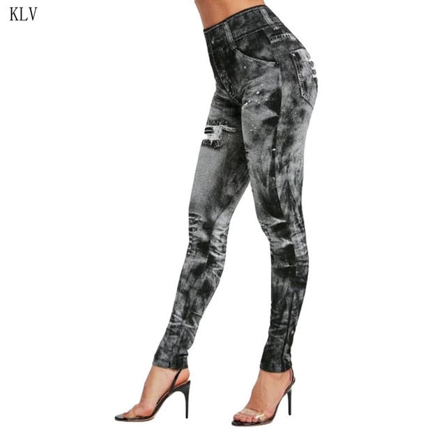 Women 2019 Imitation Distressed Denim Jeans Leggings Casual High Waist Slim Elastic Pencil Pants