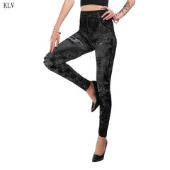 Women 2019 Imitation Distressed Denim Jeans Leggings Casual High Waist Slim Elastic Pencil Pants