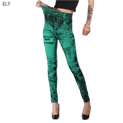 Women 2019 Imitation Distressed Denim Jeans Leggings Casual High Waist Slim Elastic Pencil Pants