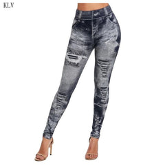 Women 2019 Imitation Distressed Denim Jeans Leggings Casual High Waist Slim Elastic Pencil Pants