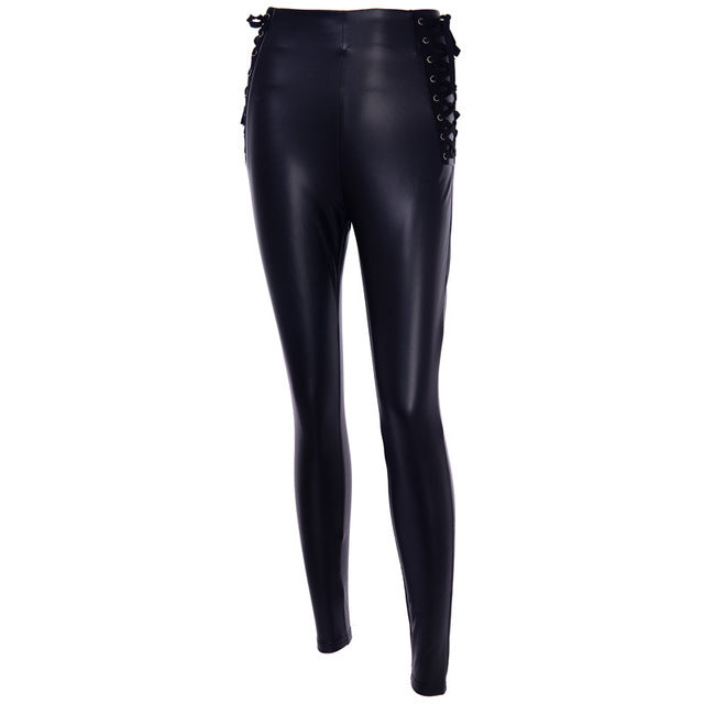 Women New Fashion High Waist Bandage Faux Leather Sexy Leggings Casual Solid Zipper Side Lace Up PU Leggings Pants