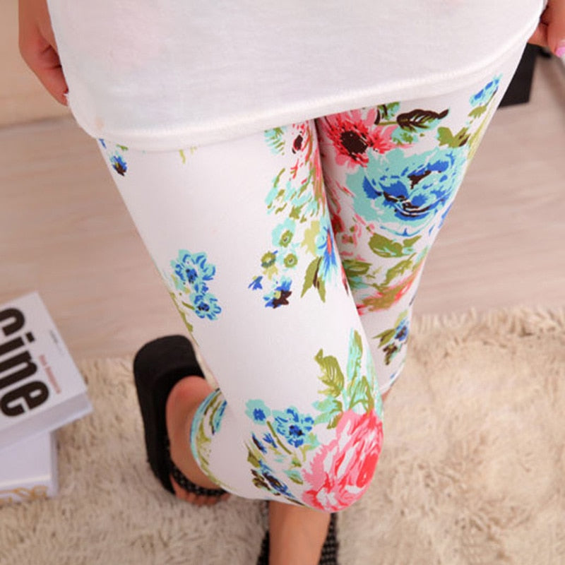 VIIANLES Floral Printing Pants Women Capris High Waisted Leggins Lady's Fitness Leggings Elastic Slim Short Legging Casual Pants