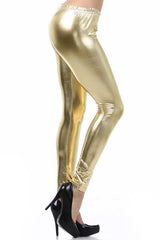 Plus Size Latex Metallic Leggings Candy color Faux Leather Legging Mid Waist Ankle Length Pants Women legging Black / Gold