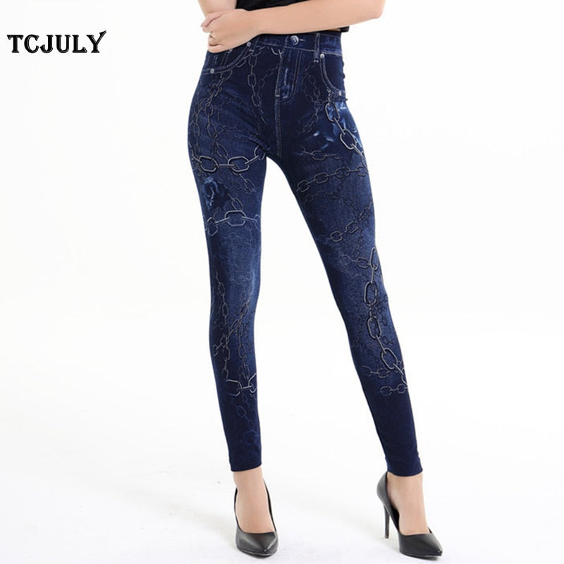 TCJULY Spring Autumn New Arrival Fashion Jeggings For Women High Waist Stretch Printed Leggings Slim Skinny Female Push Up Pants