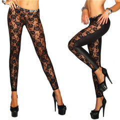 Women Black Rose Floral Lace Faux Leather Leggings Pants Sexy Girls Leggings Gifts Wholesale 1Pcs