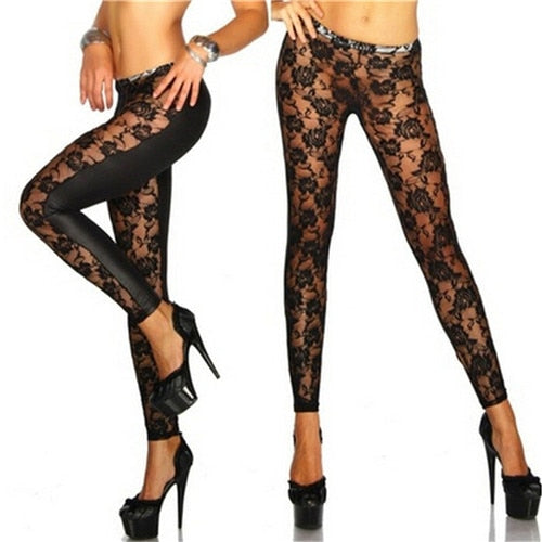 Women Black Rose Floral Lace Faux Leather Leggings Pants Sexy Girls Leggings Gifts Wholesale 1Pcs