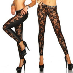 Women Black Rose Floral Lace Faux Leather Leggings Pants Sexy Girls Leggings Gifts Wholesale 1Pcs