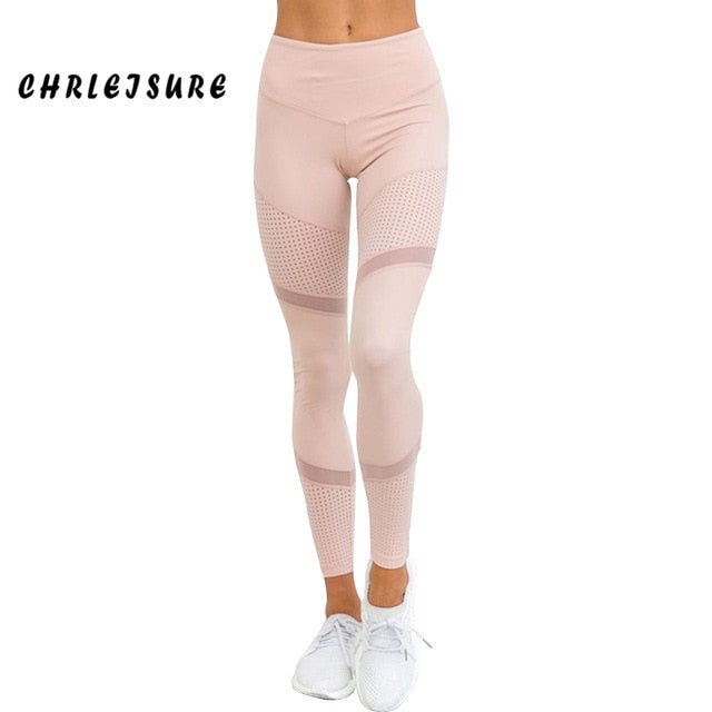 CHRLEISURE Work Out Pink Leggings Women Spring Ankle-Length Softe Mesh Legging Stitching Hollow Slim Push Up Lady's Legging