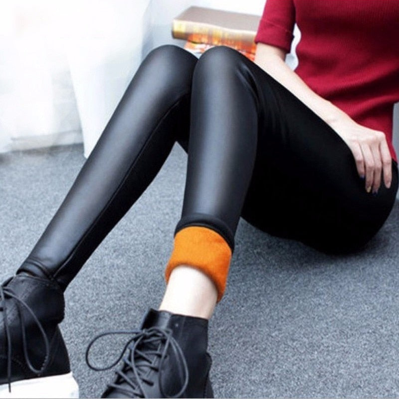 Women Black PU Legging Shiny Bling Faux Patent Leather Stretch