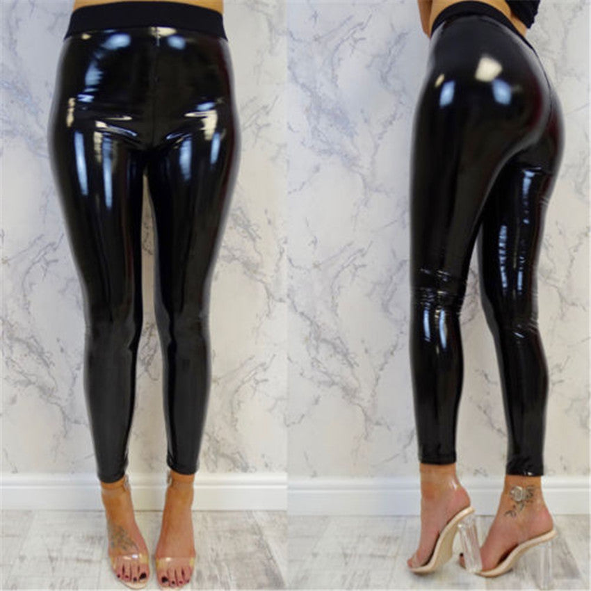 Women Shiny Leggings Wet Look PU Leather Leggings Black Red Slim High Waist Skinny Pants