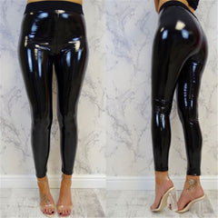 Women Shiny Leggings Wet Look PU Leather Leggings Black Red Slim High Waist Skinny Pants