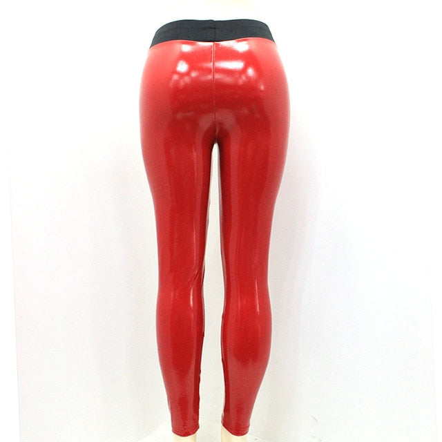 Women Shiny Leggings Wet Look PU Leather Leggings Black Red Slim High Waist Skinny Pants