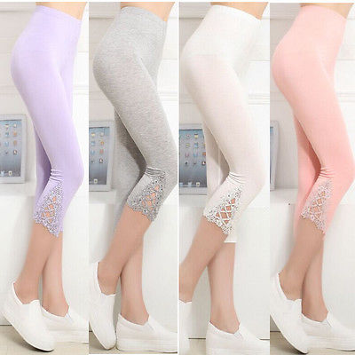 Hot Womens Crop 3/4 Length Leggings Clothes Capri Cropped Lace Summer Modal High Quality pants