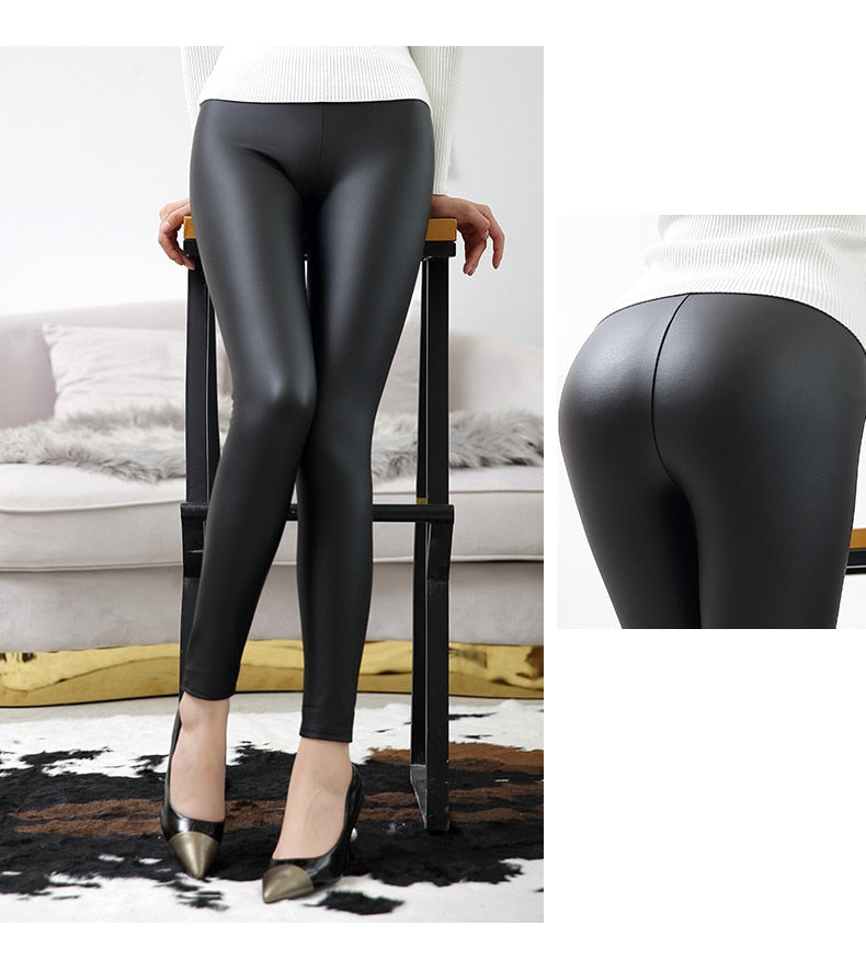 Sexy Faux Leather Fleece Leggings Women PVC High Waist Slim Pencil Pants  Plus Size PU Seamless Trousers (Black 3XL)