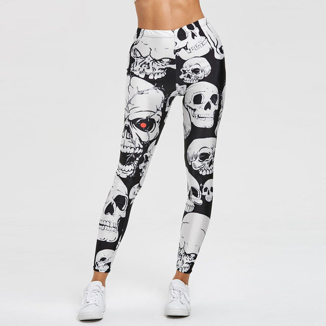 Women Leggings Skull Print Mid Waist Slim Pencil Pants Push Up Slim Legging Elasticity Workout Pants Stretch Trouser leggins #SW