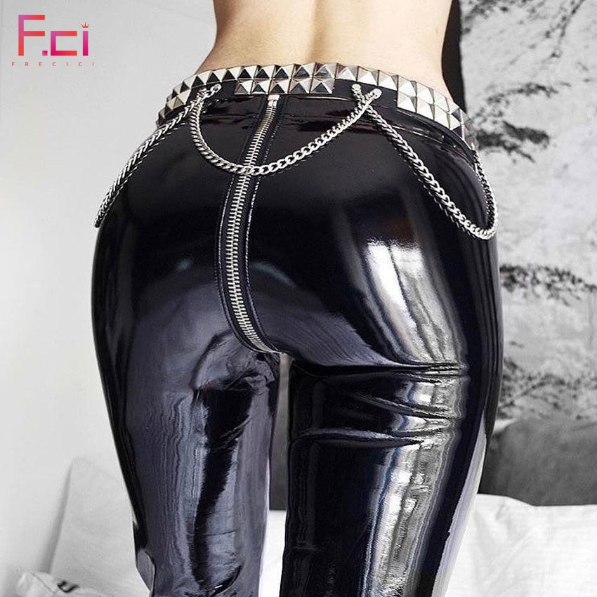 2019  Women Sexy Shiny PU leather Leggings with Back Zipper Push Up Faux Leather Pants Latex Rubber Pants Jeggings Black Red