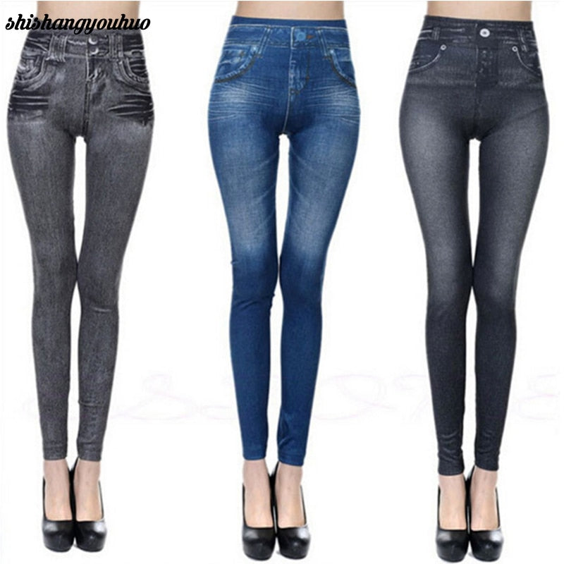 Fashion Slim Women Leggings Faux Denim Jeans Leggings Sexy Long Pocket Printing Summer Leggings Casual Pencil Pants dropship