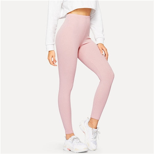 SweatyRocks High Waist Ribbed Knit Solid Leggings Active Wear Pink Leggings 2019 Summer Women Athleisure Basics Leggings