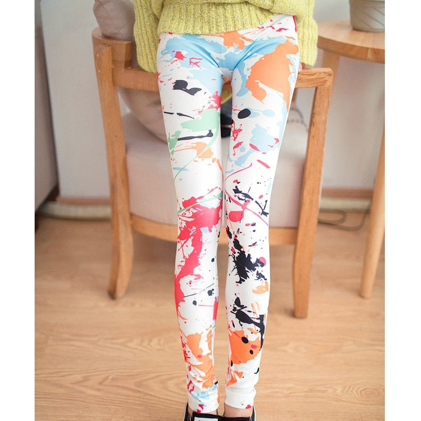 Print Long Leggings Chic Women Imitation Denim Flower Splashing Doodle Graffiti Print Thin Casual Summer Leggings For F