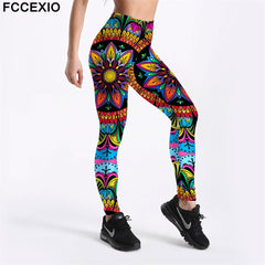 FCCEXIO New Women Workout Leggings High Waist Fitness Legging Colorful Mandala Floral Print Leggins Female Pants Leggins Mujer