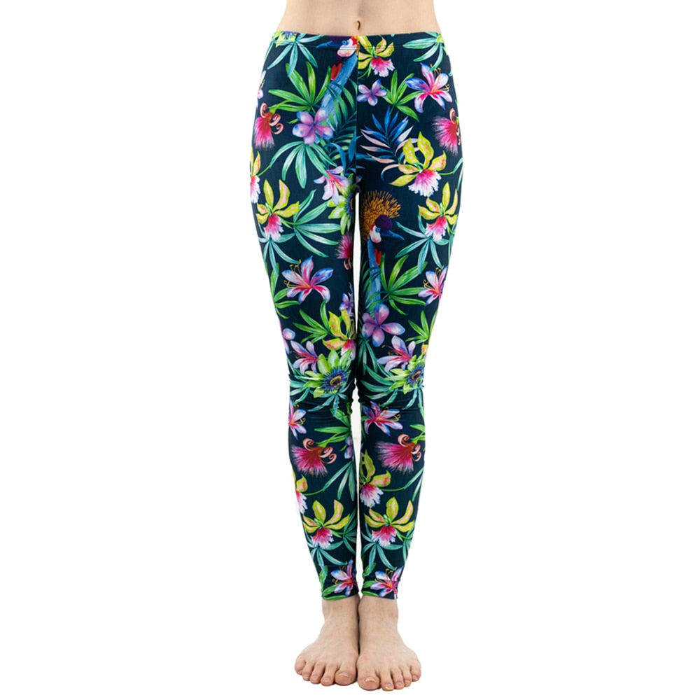 Fashion Women Trend Green Floral Leaf Flower Pattern Leggings Sexy Elasticity Fitness Slim Bottoms Workout Pants