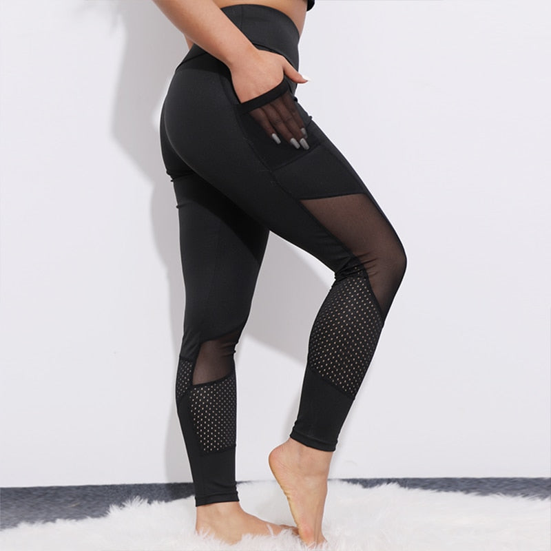 CHRLEISURE Pocket Mesh Workout Leggings Women Sexy Activewear Push Up Pant Elastic Heart-shaped High Waist Fitness Leggings